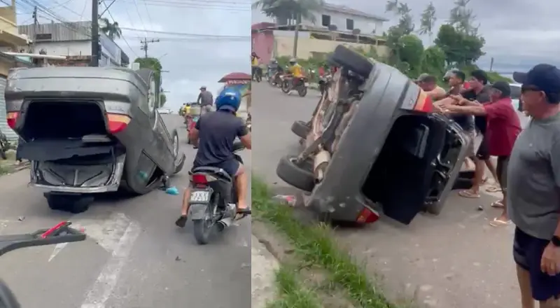 Vizinhos socorrem motorista e ajudam a desvirar carro capotado