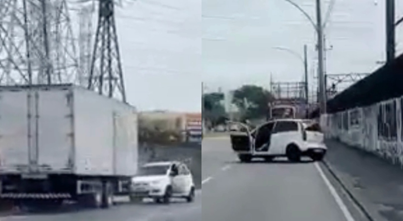 Briga de trânsito termina com carro arrastado por caminhão ao vivo